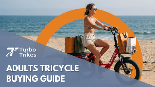 Woman riding electric trike on beach with shopping bags, Turbo Trikes adults guide