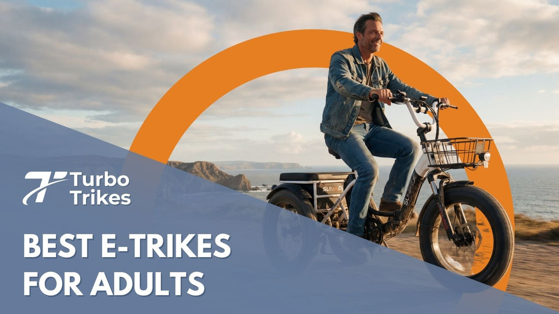 Smiling man rides fat tire electric trike for adults by ocean, Turbo Trikes branding visible.