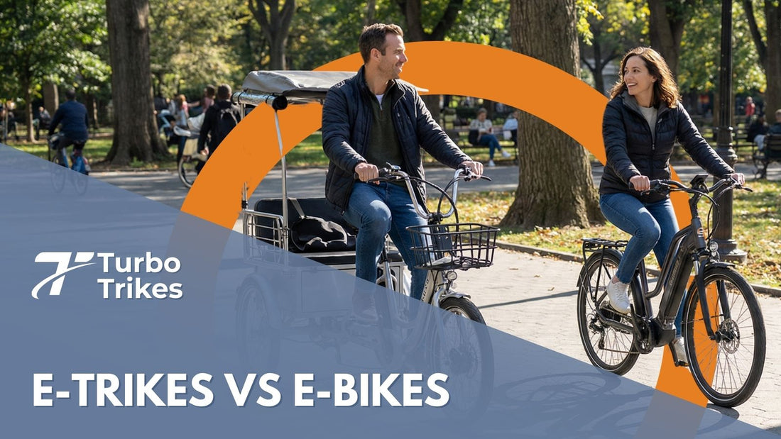 Man riding electric trike and woman riding electric bike in park, Turbo Trikes branding, e-trikes vs e-bikes comparison.