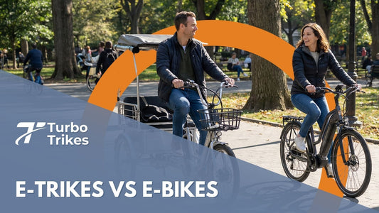 Man riding electric trike and woman riding electric bike in park, Turbo Trikes branding, e-trikes vs e-bikes comparison.