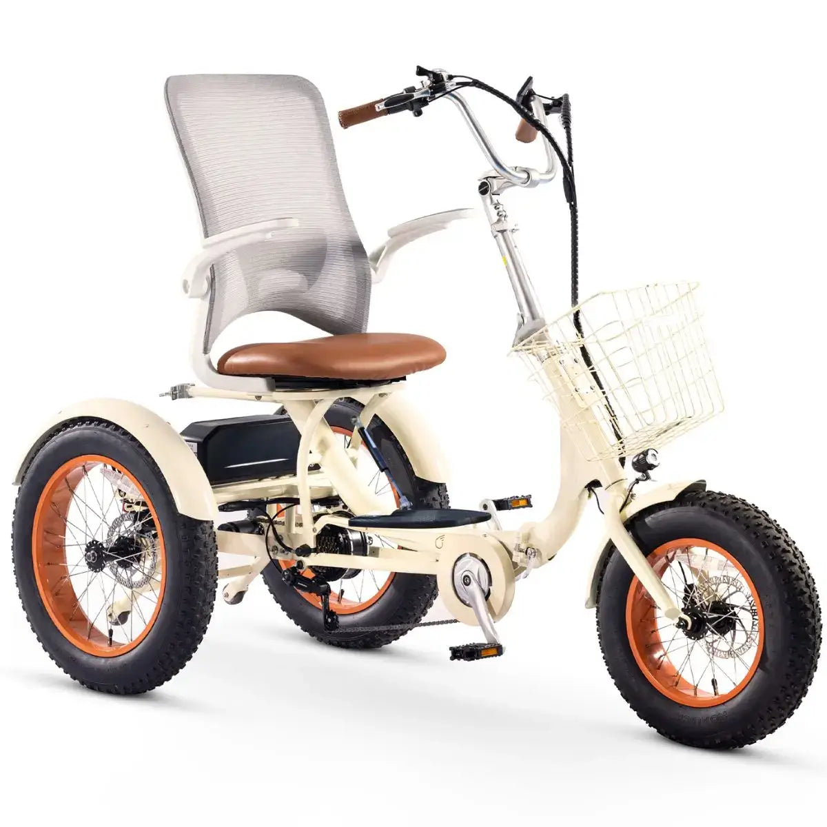 White tricycle with a basket and brown seat on a white background