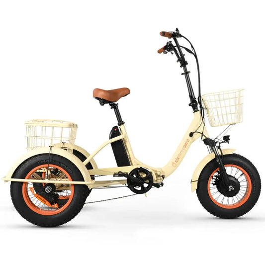 Beige electric tricycle with orange rims on a white background