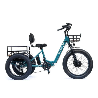 Electric fat tire trike with front and rear baskets, step-through frame, and backrest