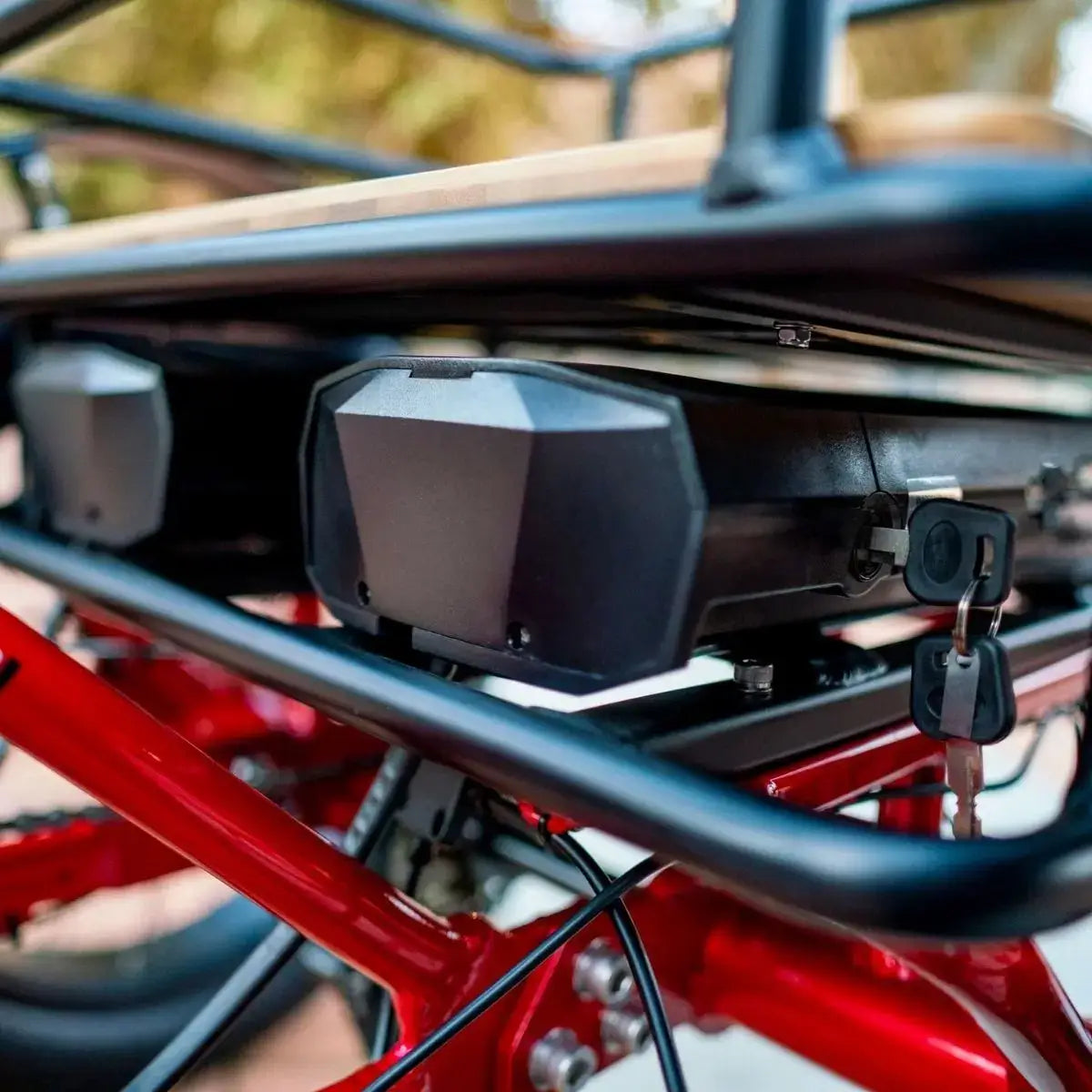 Close-up of electric trike battery with keys on sturdy red frame and cargo rack
