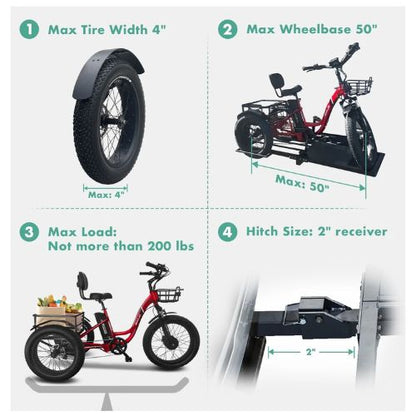 EMOJO electric bike hitch rack dimensions and specs