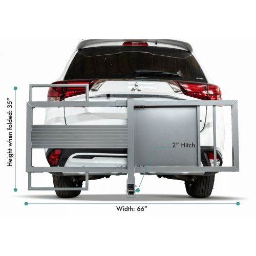 Rear view of SUV with heavy-duty hitch rack for electric trike transport, folded at 35 inches high