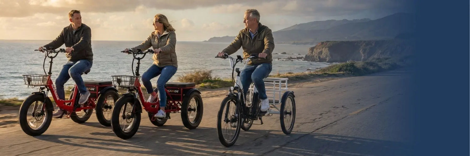 Three people riding electric trikes along a coastal path with a scenic view of the ocean and cliffs.
