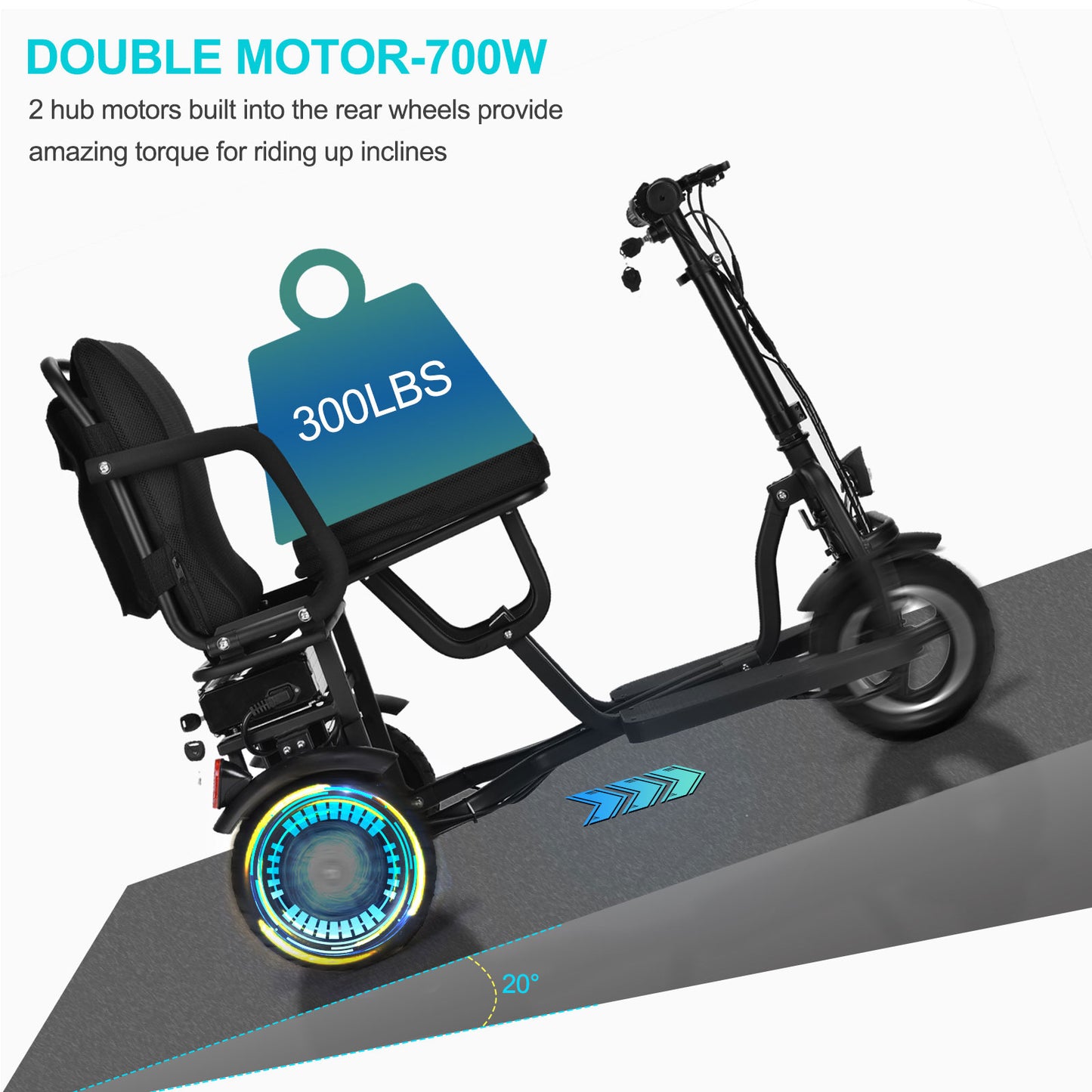 MotoTec Folding Mobility Electric Trike 48v 700w Dual Motor Lithium Black - View 7