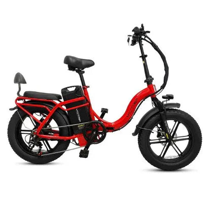 Red folding electric bike with fat tires and rear rack, displayed on white background