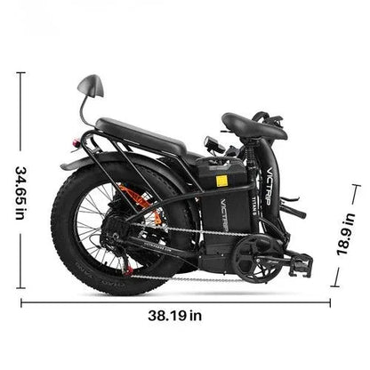 Folded black electric trike with fat tires, compact for storage, shown with size dimensions