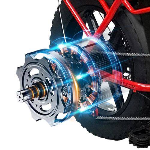 Electric motor hub on heavy-duty fat tire trike, showcasing advanced tricycle technology