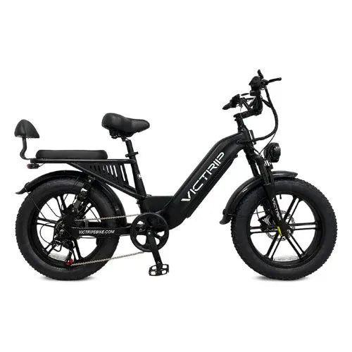 Black fat tire electric bike with rear seat, displayed on white background at Turbo Trikes store