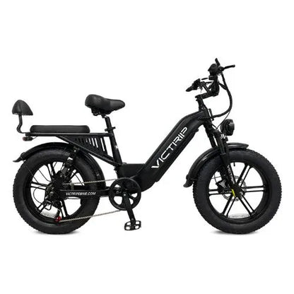Black fat tire electric bike with rear seat, displayed on white background at Turbo Trikes store