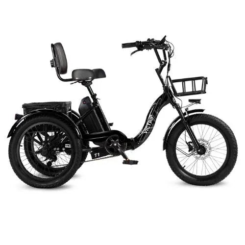 Black electric trike with fat tires, rear basket, step-through frame, and rear seat backrest