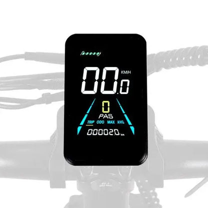 Digital display panel on Turbo Trikes electric trike handlebar showing speed and trip info