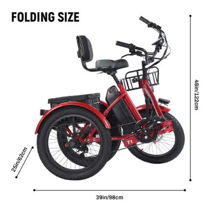 Red folding electric trike with fat tires, rear basket, and size dimensions displayed.