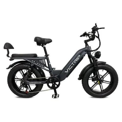Gray electric bike with fat tires and two seats, displayed on a white background