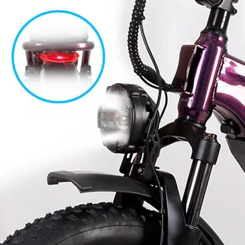 Close-up of electric trike front LED headlight and fat tire, with rear light inset.