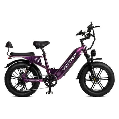 Purple fat tire electric bike with rear backrest and step-through frame on white background