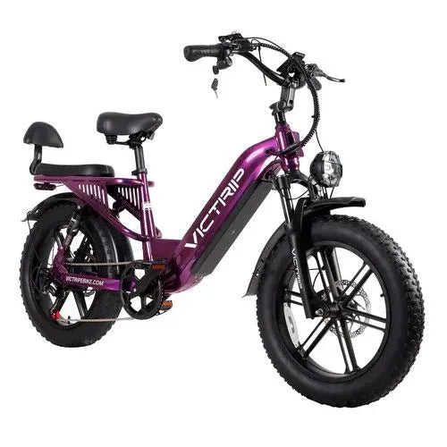 Purple electric fat tire e-bike with step-through frame, dual seats, showcased on Turbo Trikes