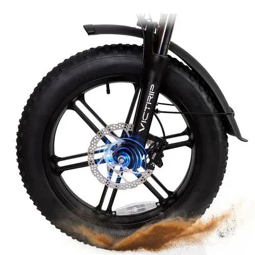 Fat tire front wheel of Turbo Trikes electric trike with disc brake and sand splash